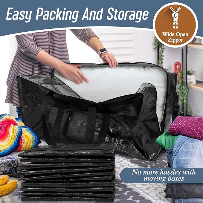 12 Pack Extra Heavy Duty Large Moving Bags with Strong Zipper & Comfortable Handles, Sturdy & Durable Clothes Storage Bags Totes Bins, Packing Moving Boxes for College Supplies, Black