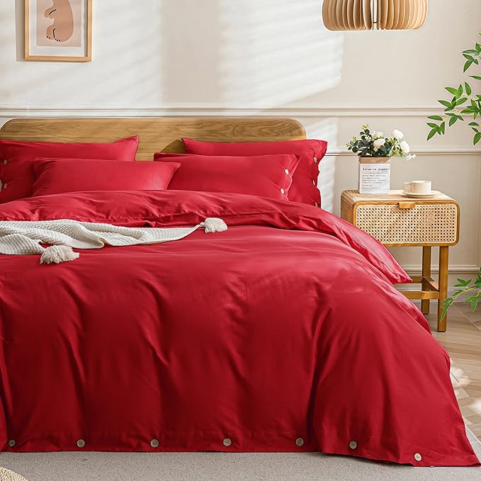 JELLYMONI Cotton Duvet Cover Full Size - Crimson Red Comforter Cover with Button 100% Washed Cotton 3PCS Breathable Soft Solid Bedding Set Duvet Cover 80×90in & 2 Pillowcases (NO Comforter)