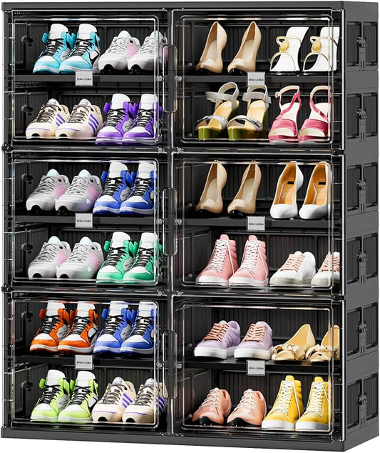 JEKO&JEKO 6 Tiers Foldable Shoe Rack Organizer Cabinet for Closet Entryway, Large Collapsible Shoe Storage Box with Magnetic Doors (Black)