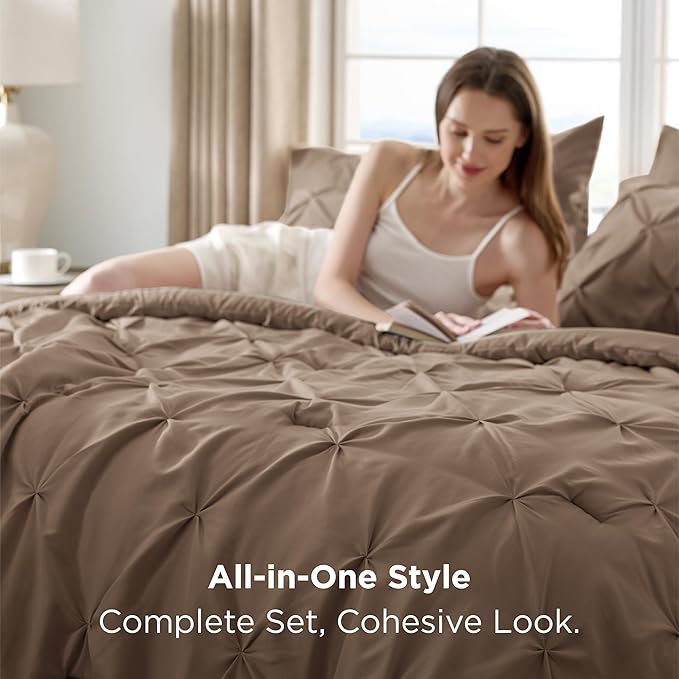 Bedsure Twin Comforter Set Brown - Bed in a Bag Twin Size Bedding 5 Pieces, GentleSoft™ Pintuck Bed Set Gift for Family, Pinch Pleat Brown Comforter with Sheets, Pillowcase & Sham