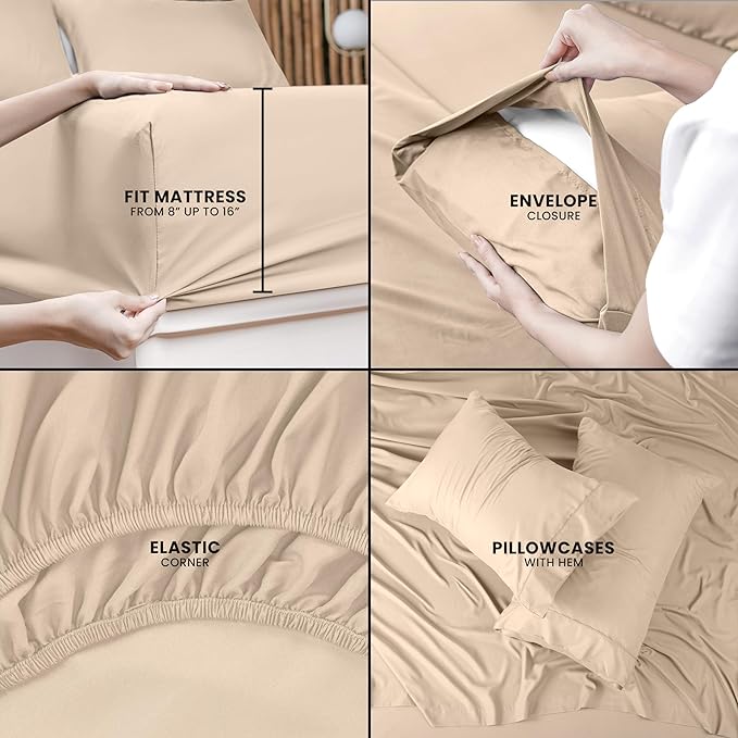 Utopia Bedding California King Sheet Set – 4 Piece Bed Sheets for Cal King Size Bed, Soft and Breathable Microfiber, Includes 1 Fitted Sheet, 1 Flat Sheet and 2 Pillowcases (Beige)