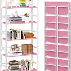 4NM No Assembly 5 Tiers Folding Bookshelf Storage Shelves Vintage Bookcase Standing Racks Study Organizer Home Office (Pink White)