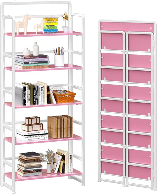 4NM No Assembly 5 Tiers Folding Bookshelf Storage Shelves Vintage Bookcase Standing Racks Study Organizer Home Office (Pink White)