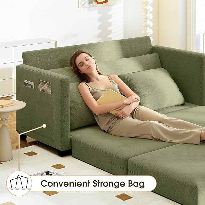 65" Convertible Loveseat Sofa Bed, 2 in1 Folding Sofa Bed, Loveseat Sleeper Sofa for Small Spaces, Fold Out Floor Couch with 2 Pillows for Apartment, Office & Guest Room (Green Chenille, 65 inch)