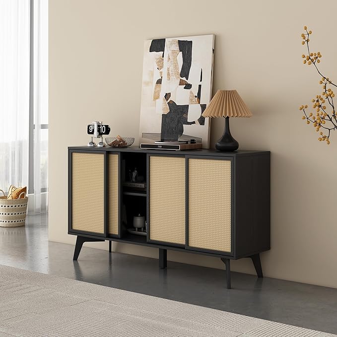 MUSEHOMEINC Large Sideboard Buffet Cabinet, 4-Rattan Door Sideboard Cabinet - Buffet Storage with Sliding Doors, Black Oak Finish for Dining Room, Kitchen, Entryway, Living Room