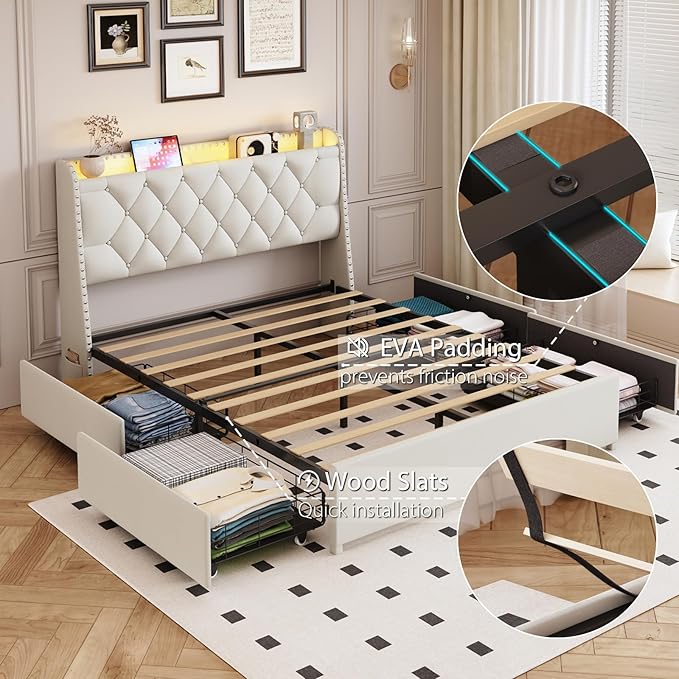 Queen Size Bed Frame with 4 Drawers and Storage Headboard, Upholstered Button Tufted Platform Bed Queen with Led Lights and Charging Station, No Box Spring Needed, Easy Assembly, Noise Free, Beige