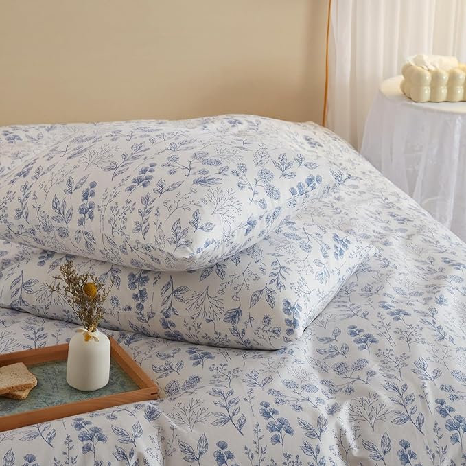 mixinni Blue Flowers Duvet Cover for Teenage Girls Twin XL Size Floral Leaf Printed Soft Cotton Floral Bedding Set with Zipper Closure 4 Corner Ties for Women-Twin XL Size