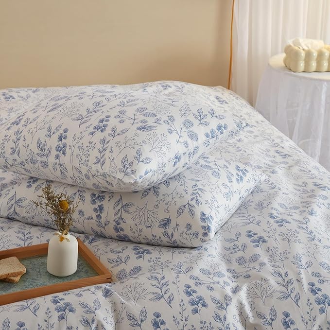 3 Pieces Duvet Cover Full Size Bedding White Duvet Cover with Blue Floral Print,Coquette Bedding Soft Cotton Comforter Cover Boho Style,Aesthetic Full Bedding Set with Zipper Closure 4 Ties,All Season
