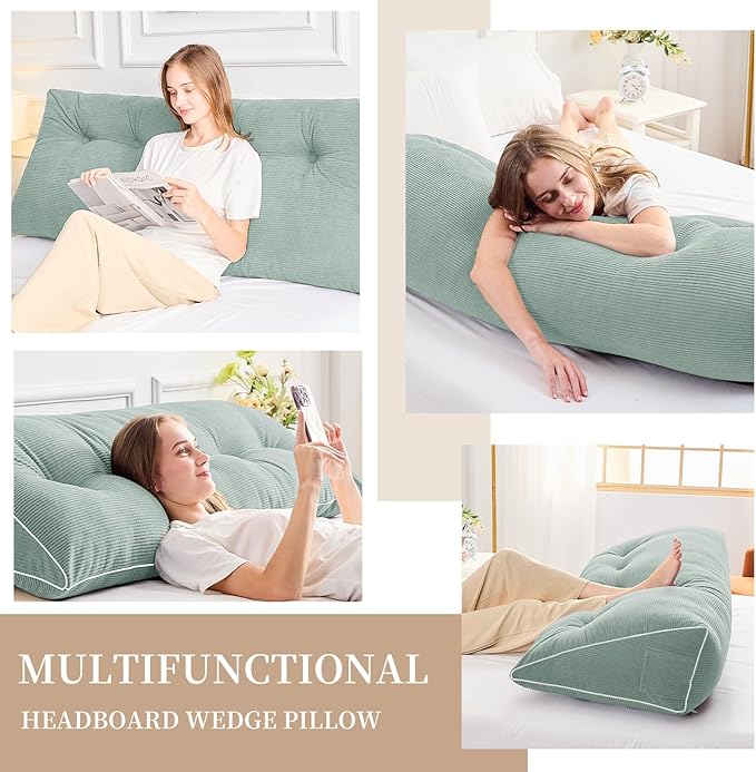 Sasttie Headboard Pillow Twin/Twin XL, Wedge Pillow Headboard for Dorm, Triangular Daybed Backrest Cushion for Sitting or Reading in Bed, with Removable Washable Cover, Mint Green