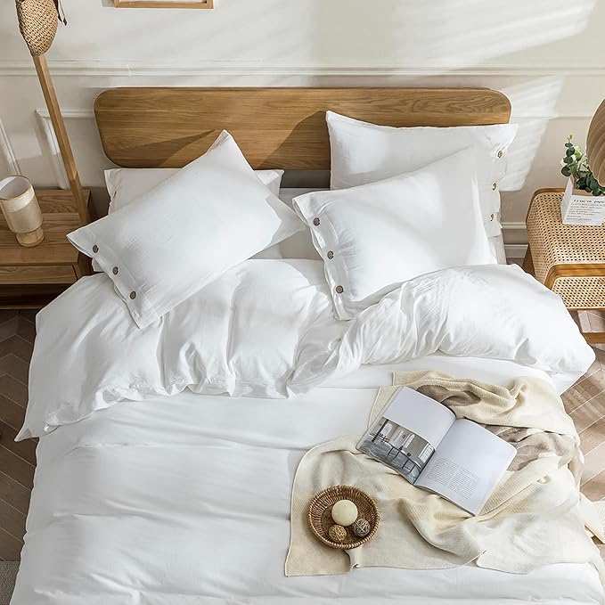 JELLYMONI Cotton Duvet Cover Twin Size - Bright White Comforter Cover with Button 100% Washed Cotton 2PCS Breathable Soft Solid Bedding Set Duvet Cover 68×90in & 1 Pillowcase (NO Comforter)