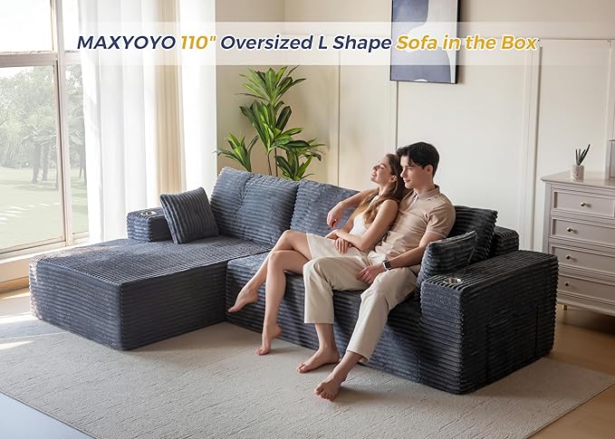 MAXYOYO 104" Modular Sectional Couch with L-Shape Chaise, Modern Boneless Couch for Living Room, Sofa in A Box, Oversized Sofa Sleeper with Deep Seat, No Assembly Required, Dark Grey
