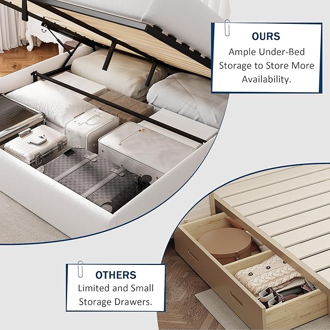 Full Size Lift Up Storage Bed, Upholstered Velvet Platform Bed Frame with Wingback Headboard, Hydraulic System, Solid Wooden Slats Support, No Box Spring Needed, Easy Assembly, White