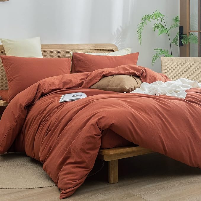BESTOUCH Duvet Cover Set 100% Washed Cotton Linen Feel Super Soft Comfortable Chic Lightweight 2 PCs Home Bedding Set Solid Crimson Red Twin/Twin XL