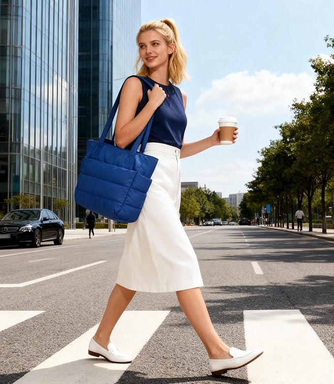Puffer Tote Bag for Women, Cute Quilted Carryall with Zippered Compartments Shoulder Bag Handbag for Work, Travel, Gym