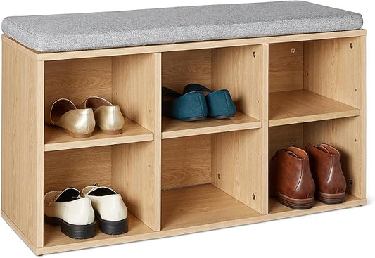 Amazon Basics Shoe Storage Bench with Cushion, Shoe Rack 6 Cubbies, Adjustable Shelves, Oak Finish
