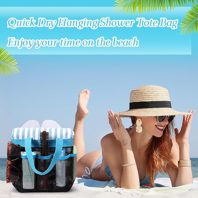 Hillban 4 Pcs Mesh Shower Caddy Portable Large Quick Dry Shower Caddy Basket with Deeper 8 Pockets and 2 Handles Hanging Bag for College Dorm Room(Blue)