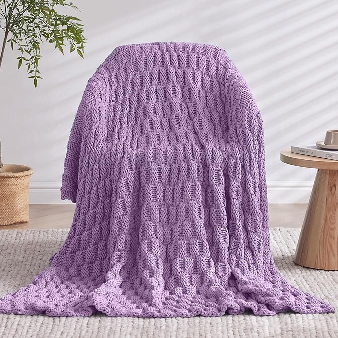 Knitted Weighted Blanket for Adult, No Beads Heavy Blanket 50” x 60'' 10lbs, Breathable Chunky Knit Blanket, Cooling Weighted Blanket for Hot Sleepers, Christmas Home Decor (Lilac)