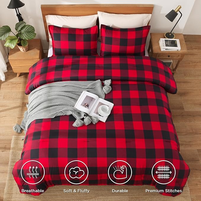 Andency Red and Black Plaid Comforter Set Twin(66x90Inch), 2 Pieces Buffalo Plaid Checkered Gingham Bedding Comforter Sets, Soft Burgundy Lightweight Geometric Down Alternative Bed Set