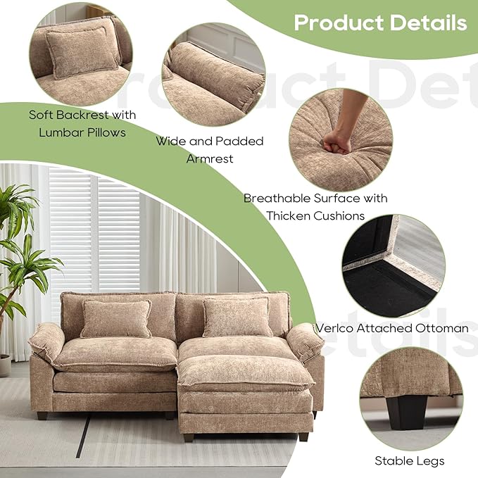 86" Modular Sectional Sofa, Comfy Cloud Couch Sectional Sofa with Ottoman, Chenille Sofa Sleeper Deep Seat Sofa with Throw Pillows for Living Room (Khaki, 86"- L Shape)