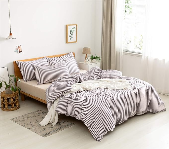 JELLYMONI 100% Natural Cotton 3pcs Striped Duvet Cover Sets,White Duvet Cover with Purple Stripes Pattern Printed Comforter Cover,with Zipper Closure & Corner Ties(King Size)