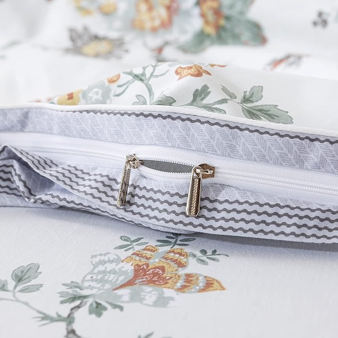 FADFAY Duvet Cover Set Full Elegant Floral Bedding Shabby Beige Bird Print Flower Quilt Cover Set Vintage Farmhouse Bedding 100% Cotton Soft Comforter Cover Set with Zipper Closure 3Pcs, Full Size