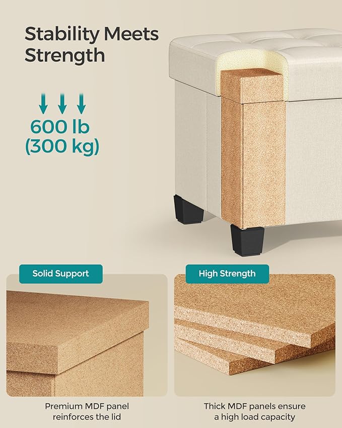 SONGMICS Storage Ottoman, Small Ottoman Foot Rest with Legs, 15 x 15 x 15.7 Inches Foot Stool, Load up to 660 lb, for Living Room, Bedroom, Dorm, Cream White ULSF014W01