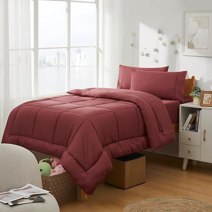 Dorm Room Essentials College Bedding Comforter Set 5 Piece Twin Size Bed in a Bag for College Students Boys and Girls, Twin, Burgundy