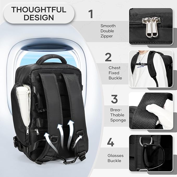 Vacuum Backpack Travel with Electric Vacpack Pump, Vacuum Compression Bags Travel Backpack for Women Men, Flight Approved Waterproof Carry on Backpacks Laptop Work Weekender Daypack, Medium,Black