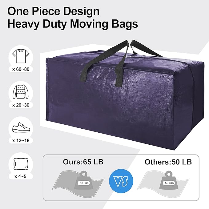 12 Pack Heavy Duty Large Moving Bags W/Backpack Straps - Strong Handles & Zippers, Storage Totes, Fold Flat, Alternative to Moving Box and Storage Bin, Semi-Transparent+Blue+Black