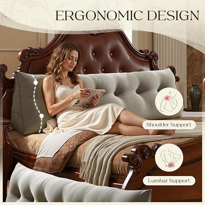 WOWMAX 85% Linen 15% Cotton Blend Headboard Pillow – Queen Size Reading Wedge Backrest for Bed, Handmade Firm Support Bolster Cushion with Removable Cover, Premium Bed Rest Pillow, Black