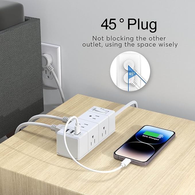 20Ft Extension Cord Flat Plug Power Strip - Tcstei 3-Side Outlet Extender with 6 AC Outlets and 3 USB Ports (1 USB C), Compact for Home, Office, Dorm Room Essentials, White