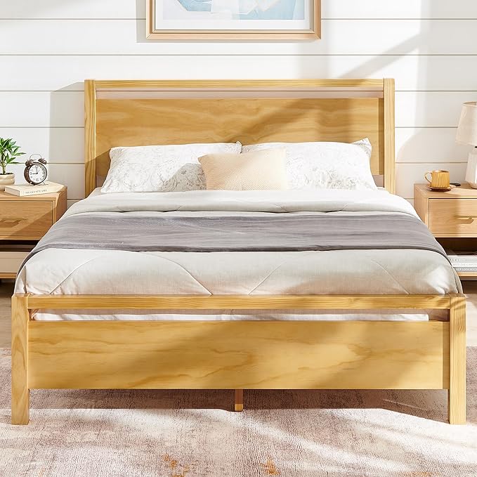 AMERLIFE King Size Solid Wood Bed Frame with Headboard, Minimalist Platform Bed with Wooden Slats Support/No Box Spring Needed/Easy Assembly, Natural