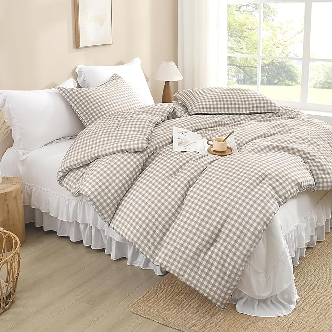Andency Tan Gingham Comforter Set Queen(90x90Inch), Brown Checkered Grid Plaid Buffalo Bed Set for Girls Boys Kids Teens, 3 Pieces Lightweight Microfiber Geometric Preppy Bedding