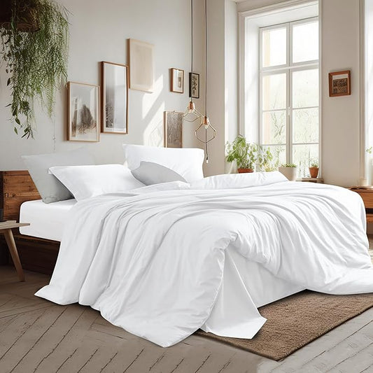 Full Duvet Cover Set 100% Egyptian Cotton, 3Pcs Bedding Set- 1 Duvet Cover(No Insert) with 2 PillowShams, 400 Thread Count Super Soft Comforter Cover with Corner Ties(Full 80x90 Inches, White)