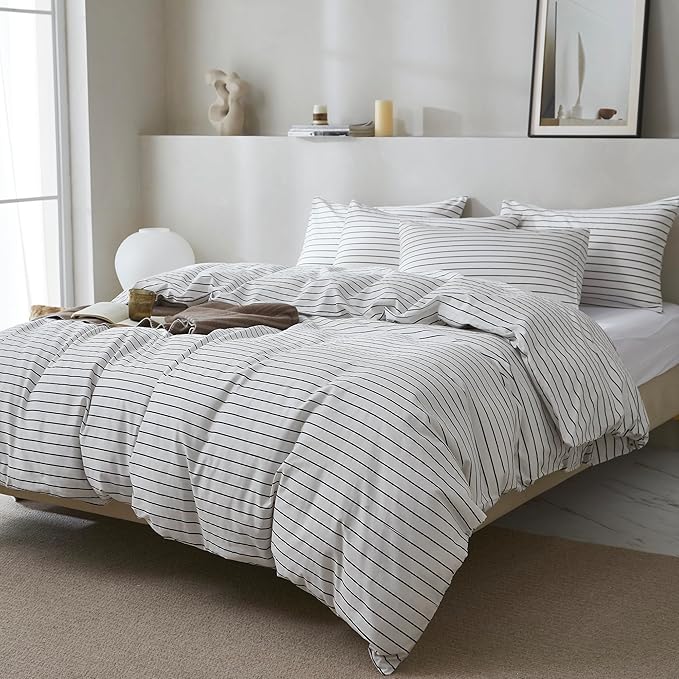 JELLYMONI 100% Natural Cotton 3pcs Striped Duvet Cover Sets, White Duvet Cover with Thin Black Stripes Pattern Printed Comforter Cover, with Zipper Closure & Corner Ties(Full Size)