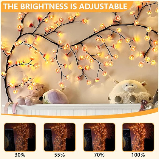 Cherry Enchanted Willow Vine Lights, 5.25FT 72LED Pink Cherry Blossom Tree Branch Lights for Wall, Remote Timer,8 Light Model,Bedroom Wall Doors Wedding, Christmas, USB Battery Box