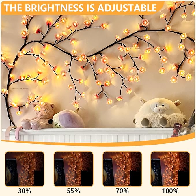 Cherry Enchanted Willow Vine Lights 7.55FT 144LED Pink Cherry Blossom Tree Branch Lights for Wall, Remote Timer,8 Light Model,Bedroom Wall Doors Wedding, Christmas, USB Battery Box