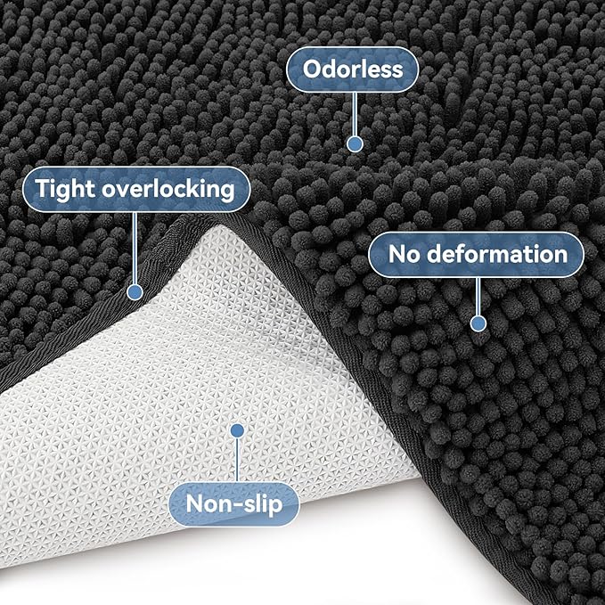 Bcoimo 48"×24" Absorbent Bath Mat, Non-Slip with Backing Chenille Bath Rug and Machine Washable Bathroom Mat Quick-Dry Design. Ideal for Bathroom and Tub Areas