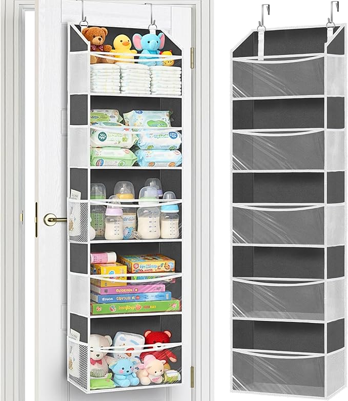 Ofiray-home Over Door Organizer with 5 Large Pockets, 5 Transparent Front Pockets & 10 Mesh Side Pockets, 50 lbs Weight Capacity Hanging Storage for Toys, Shoes, Diapers, Pantry – Grey