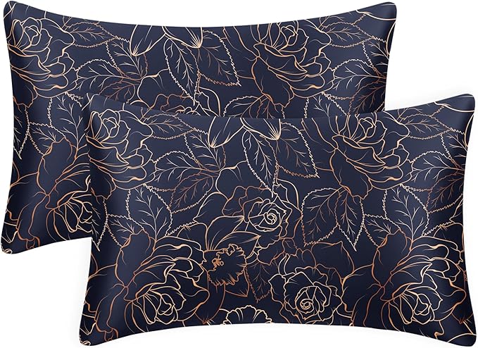 EXQ Home Satin Pillowcase for Hair and Skin- Rose on Blue Silk Pillowcase 2 Pack 20x26 inches - Standard Size Pillow Cases with Envelope Closure, Gifts for Women