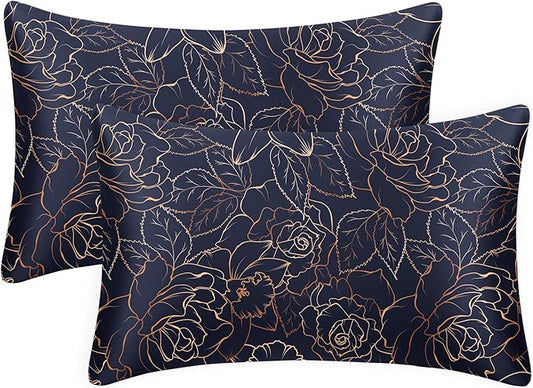 EXQ Home Satin Pillowcase for Hair and Skin- Rose on Blue Silk Pillowcase 2 Pack 20x26 inches - Standard Size Pillow Cases with Envelope Closure, Gifts for Women
