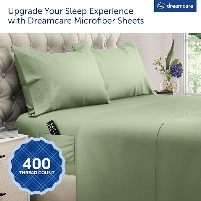 DREAMCARE Queen Size Sheets - Cooling Bed Sheets - 4pcs Set - up to 15" Deep Pocket Queen Sheet Set - Sheets Queen Size Bed - Soft & Long Lasting 100% Fine Microfiber with Side Pocket - Sage Green DREAMCARE