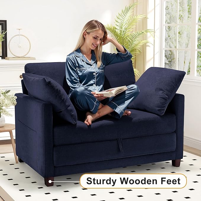 51" Convertible Sofa Bed, 2 in1 Folding Sofa Bed, Loveseat Sleeper Sofa for Small Spaces, Fold Out Floor Couch with 2 Pillows for Apartment, Living Room & Guest Room, Deep Blue Chenille Fabric