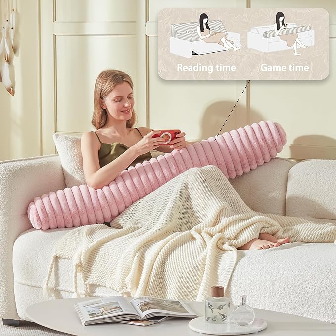 Headboard Pillow + A Long Neck Roll Pillow Body Pillow，Faux Fur Headboard Wedge Pillow with Removable Cover (Pink, King：76x8x20 inches)