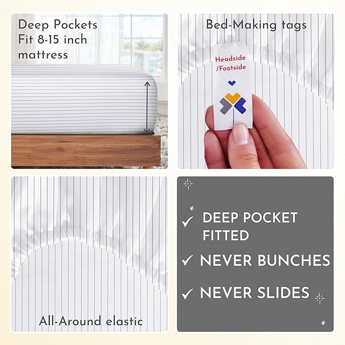 California Design Den Deep Pocket Twin Sheets Set - 400 Thread Count Sateen, Natural 100% Cotton Sheets, and Durable Bedding Set - Pinstriped CaliforniaDesignDen