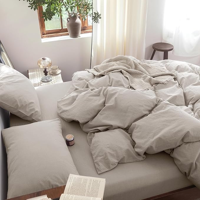 FOSSA Duvet Cover Set 100% Washed Cotton Linen Feel Super Soft Breathable Cozy 3 Pieces Bedding Sets Solid Cream Grey Super Queen