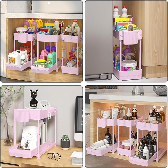 3 Pack Under Sink Organizers, 2-Tier Multi-Use Kitchen and Bathroom Organizers and Storage with Sliding Drawers，Bathroom Cabinet Organizer (Pink, 14.8 Inch)