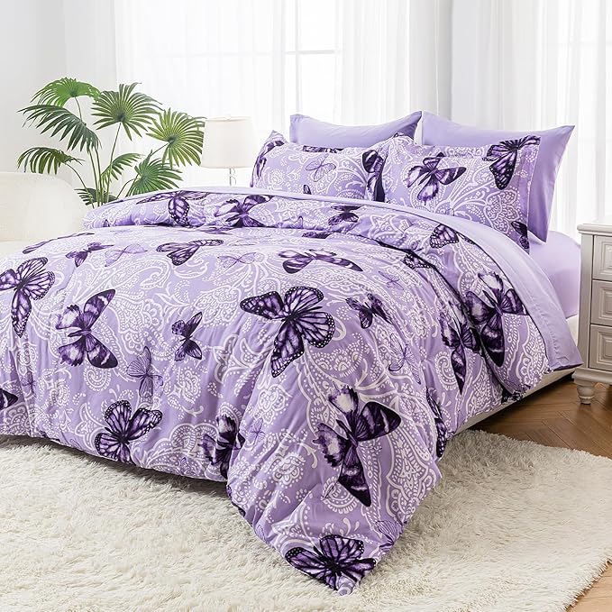 ARTALL Bed in A Bag Full/Queen Size 7 Pieces, Purple Paisley Butterfly Bedding Comforter Set All Season Bed Set with 1 Comforter, 2 Pillow Shams, 1 Flat Sheet, 1 Fitted Sheet, 2 Pillowcases
