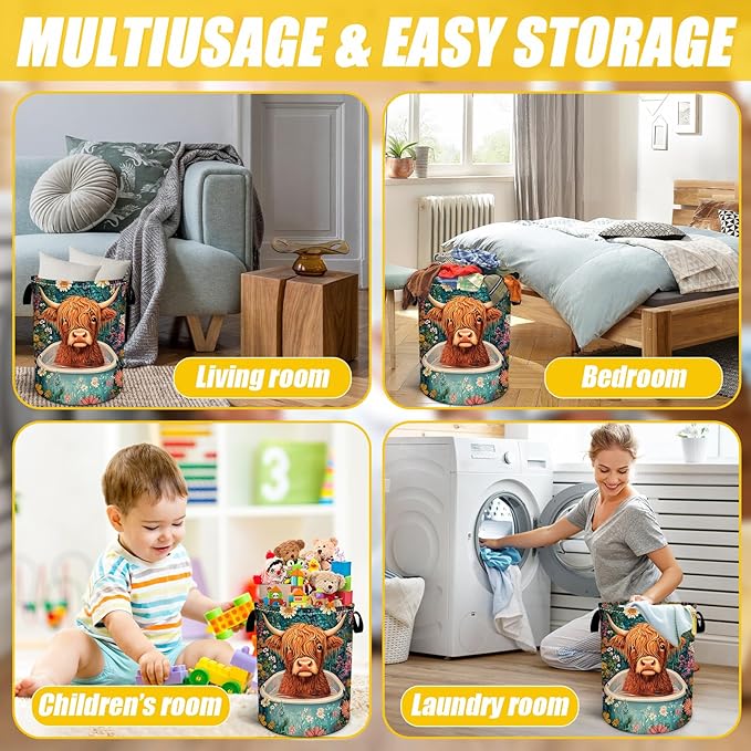 Highland Cow Laundry Basket,Foldable Oxford Cloth Funny Tote Bag Laundry Hamper Clothes Storage Bucket Toy Organizer For Bathroom Laundry Storage Bedroom 18.9x16.5
