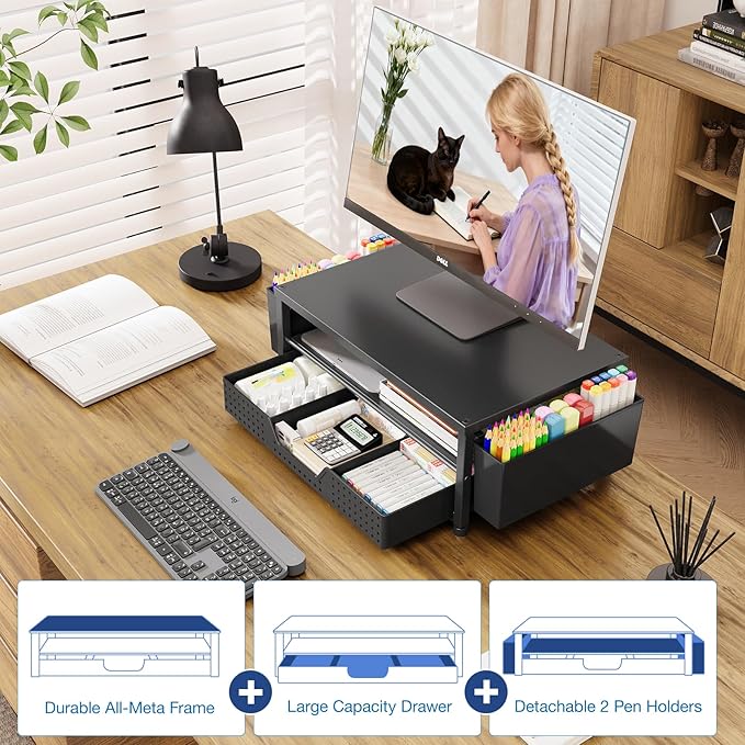 OPNICE Desk Organizer and Accessories, 2-Tier Computer Monitor Stand Riser with Drawer and 2 Pen Holders, Laptop Stand, Office Desk Accessories for Office Supplies, Black – Hot Seller